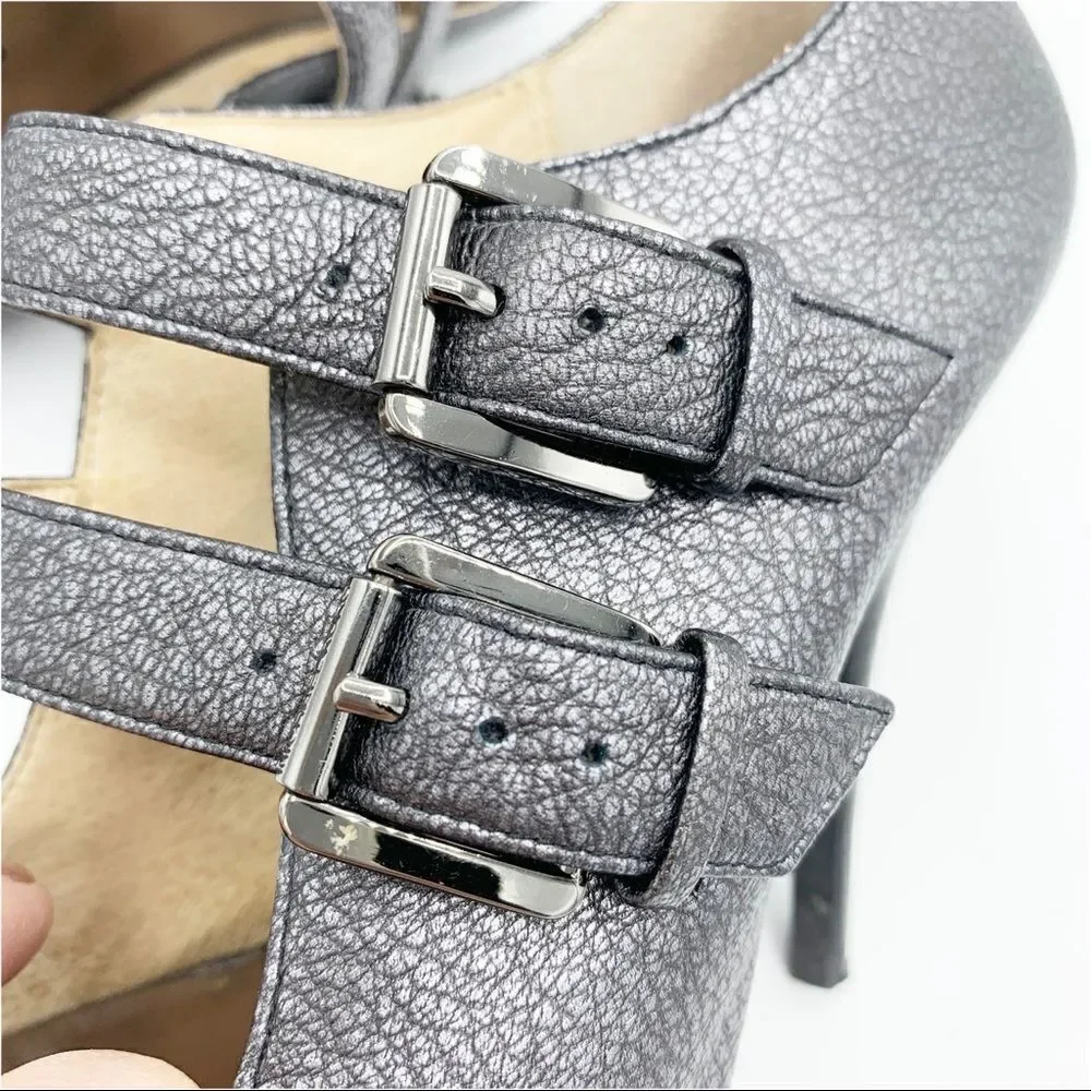 Michael Kors Webster Peep Toe Platform Metallic Pewter‎ Pebbled Leather